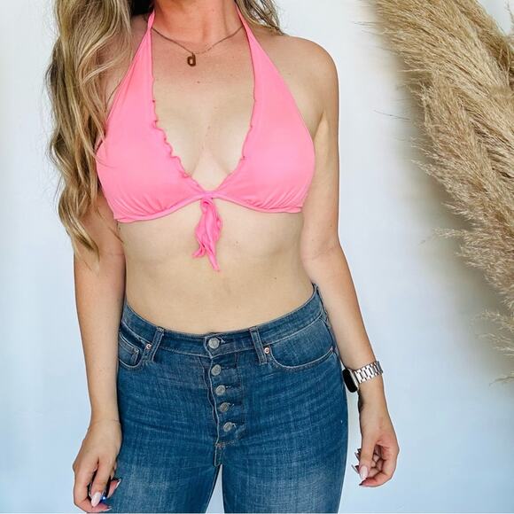 VS VICTORIAS SECRET Pink Ruffle Halter Tie Underwire Plunge Bikini Swim Top 36B - Picture 11 of 11